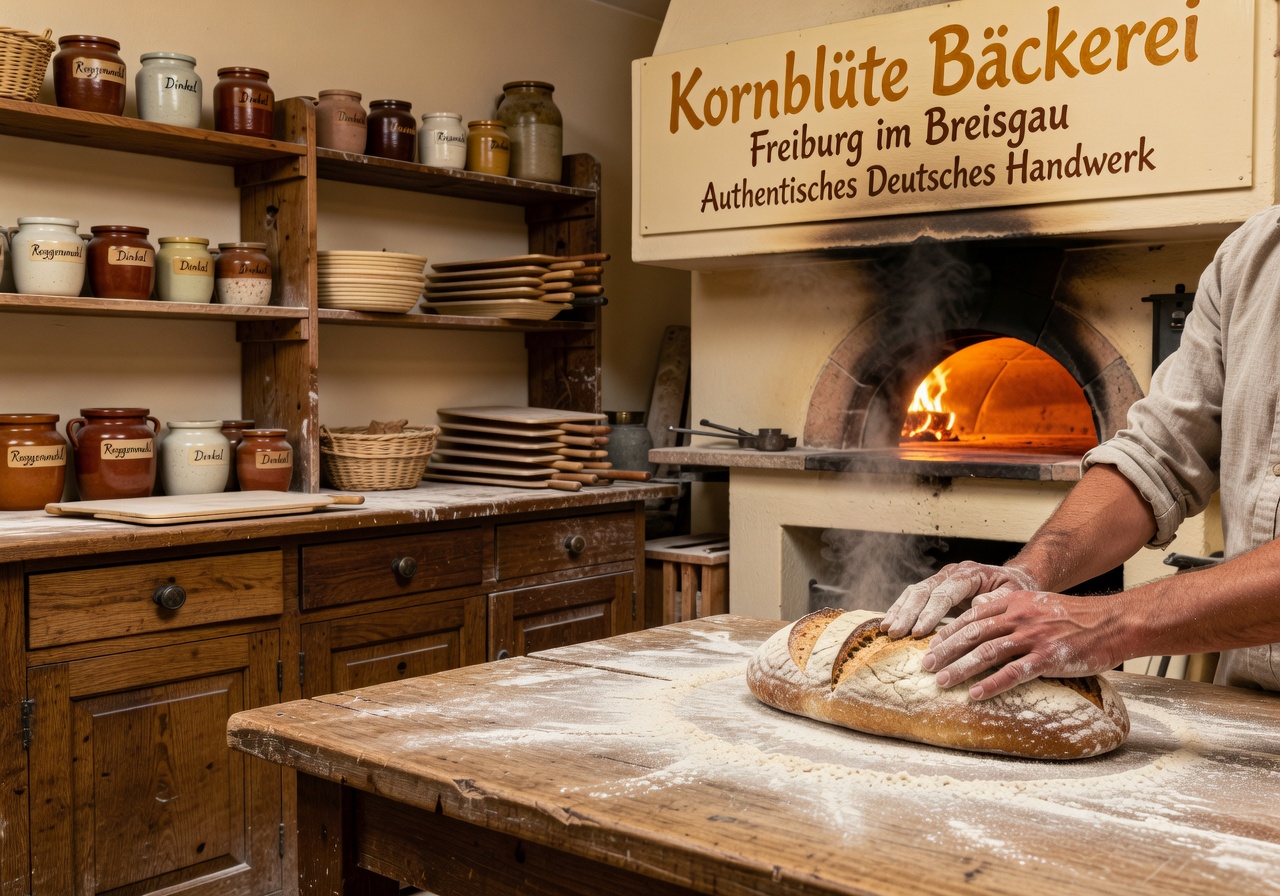 Frisch gebackene Bio-Brote im Holzregal der Kornblüte Bäckerei Freiburg